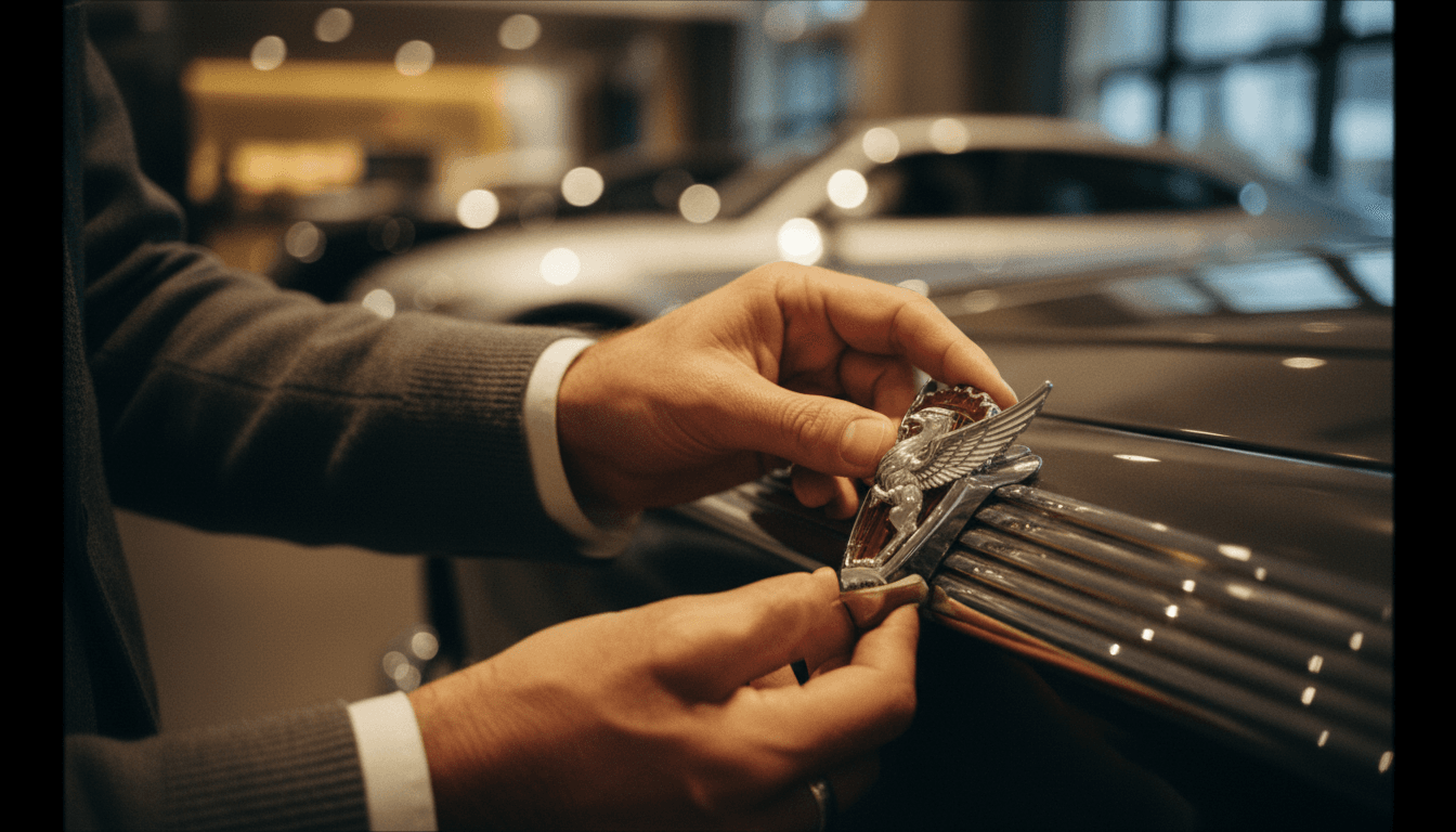 Close-up of collector examining rare vehicle detail with expertise