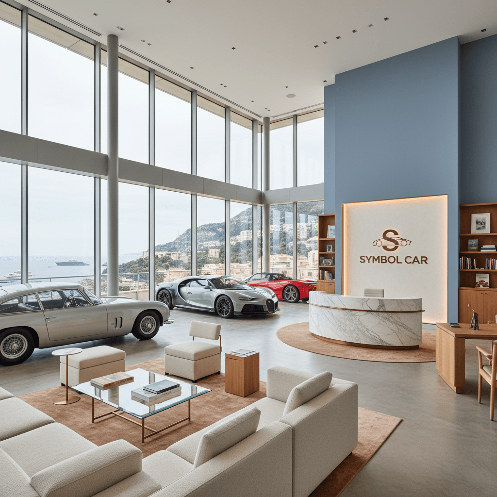 A refined luxury aesthetic wide shot of Symbol Car's Monaco-based workspace