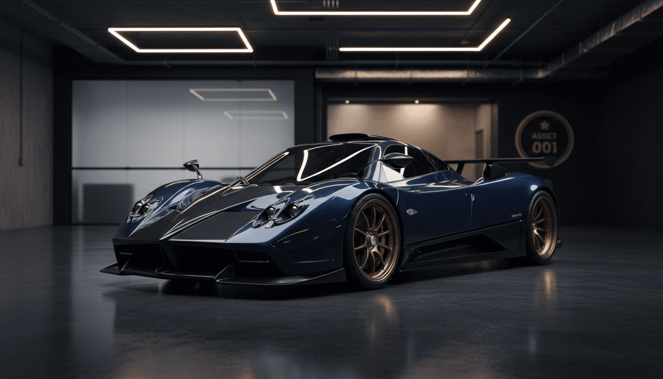 A rare luxury vehicle displayed in an exclusive private collection space, illuminated under focused lighting to showcase its pristine condition and distinctive character.