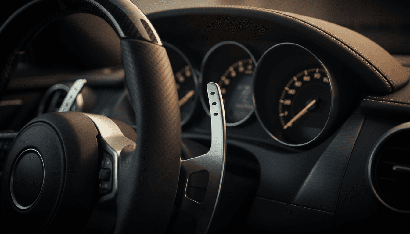 Close-up of a stitched leather steering wheel and analog gauges inside a luxury performance car