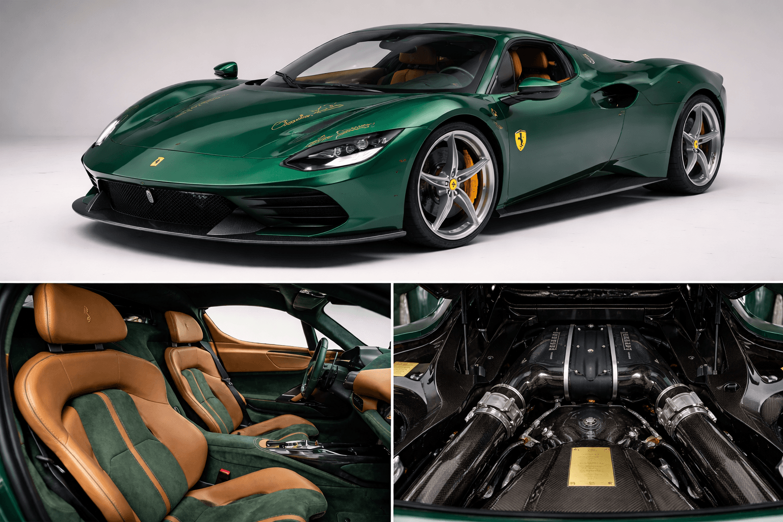 Dark green Ferrari 296 GTB with tan interior and a carbon fiber engine bay.
