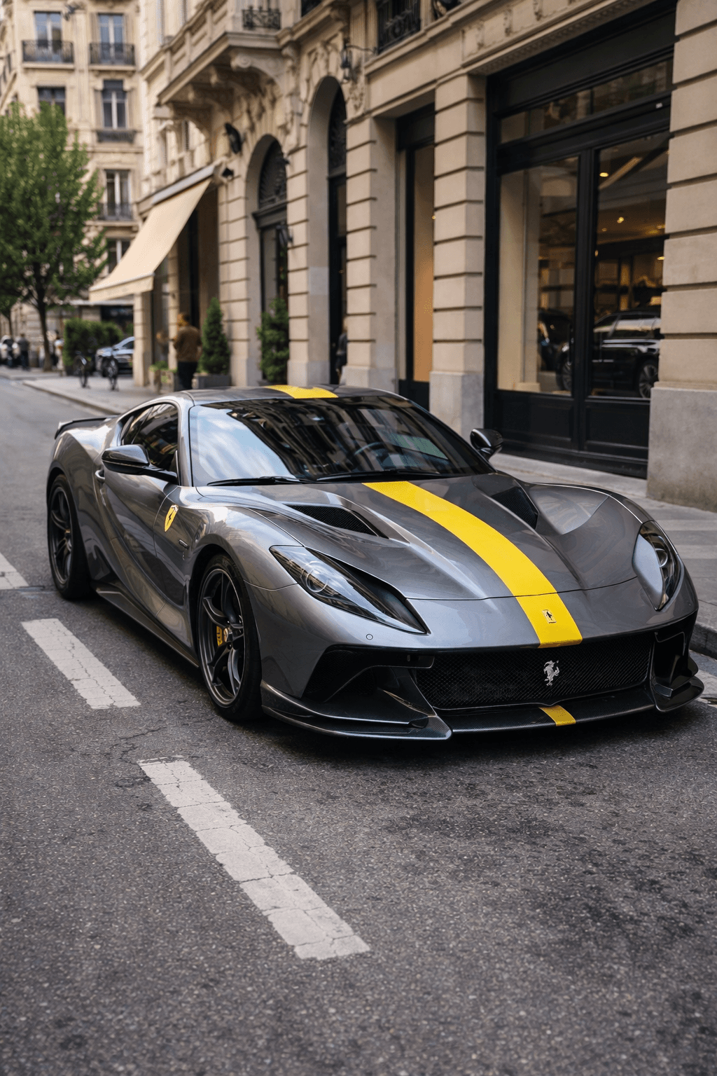 Grey Ferrari sports car with a yellow racing stripe parked on a European city street.