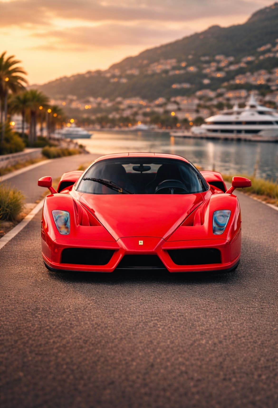 Red Ferrari Enzo parked on a coastal road overlooking a harbor at golden sunset.