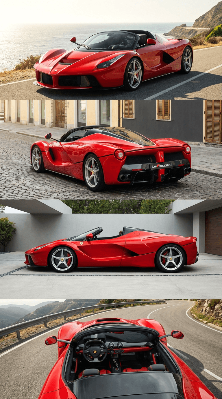 Collage showing a red Ferrari LaFerrari Aperta from front, rear, side, and interior perspectives.