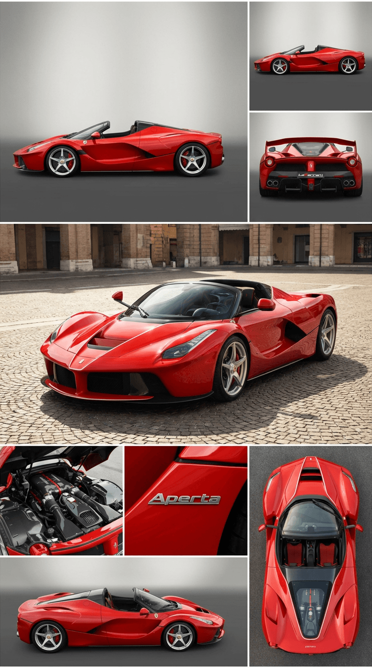Red Ferrari LaFerrari Aperta collage featuring various exterior angles, engine bay, and top-down view.