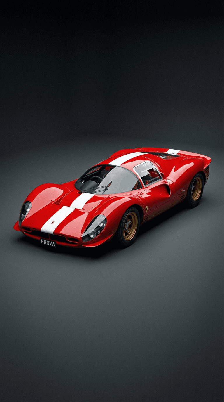 Classic red Ferrari 330 P4 with a white racing stripe and gold wheels.
