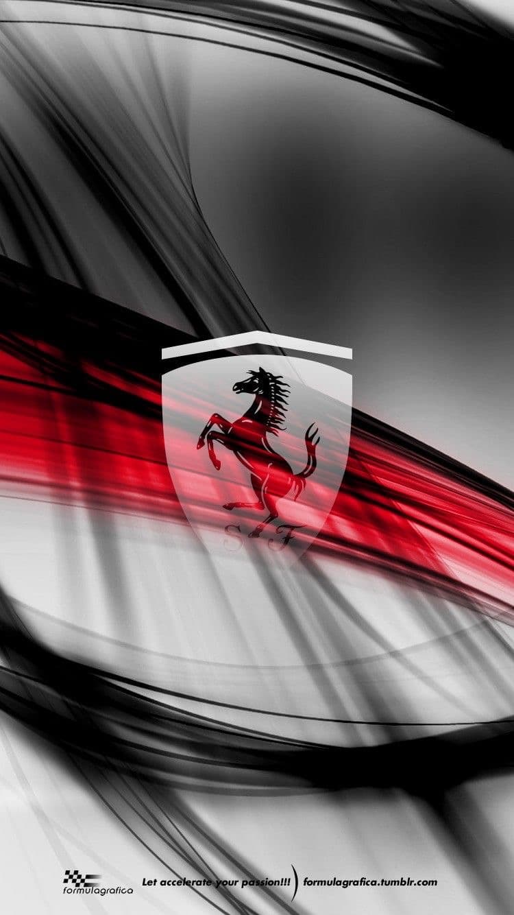 Ferrari prancing horse logo over abstract, high-speed red, black, and white motion streaks.